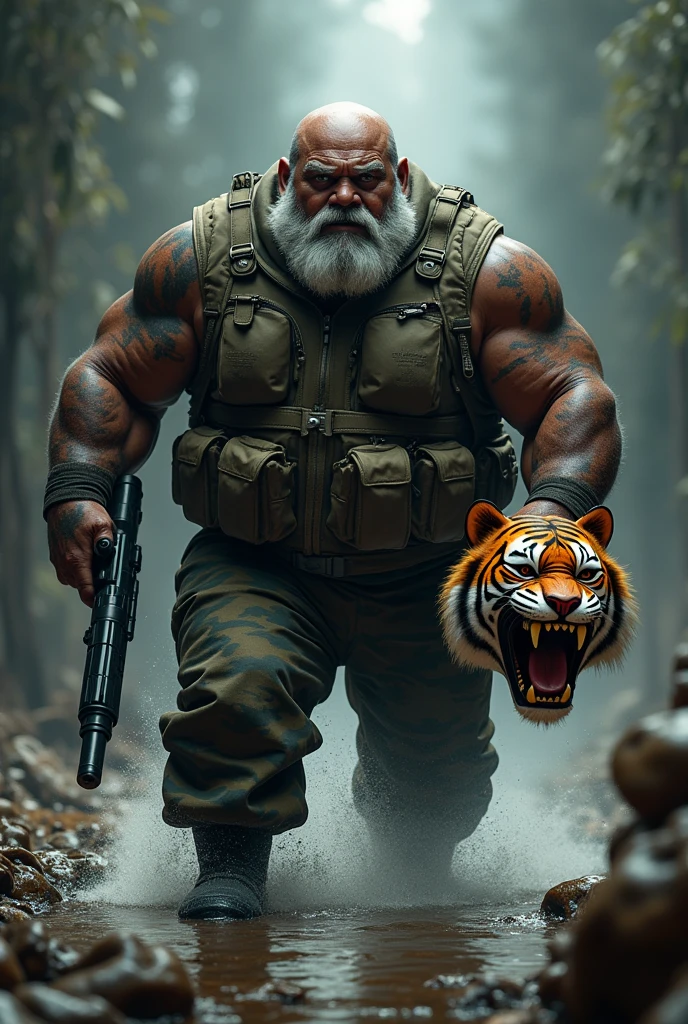 (a dark-skinned fat muscular old man in camouflage wetsuit) carrying a gun in right hand, (carrying realistic roaring tiger mask in left hand), dynamic action pose, fierce expression, showcasing an imposing stature, surrounded by military elements, dramatic shadows and intense highlights, cinematic color tones, high detail, powerful, art influenced by Bruce Onobrakpeya and Stanley Artgerm, ultra-detailed, best quality image, action-packed atmosphere. fighting stance