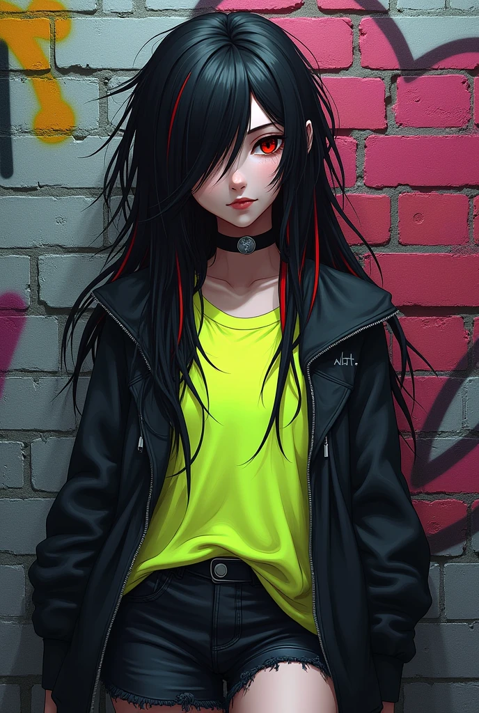 (masterpiece, Highest quality),  Intricate details,
One girl, Long Hair, Black Hair, Messy Hair, Red highlights, Hair on one eye, Red eyes, Sharp eyes,
 choker, Neon Shirt, Torn legwear, Open jacket, 
against wall, brick wall, graffiti, Dim lighting, Alley Concept_graffiti_wall_myself (graffiti:1.2),brick wall,Tilt your head,Side light,    (Straight:1.1), View your viewers,Are standing,Upper Body, In-person audience,