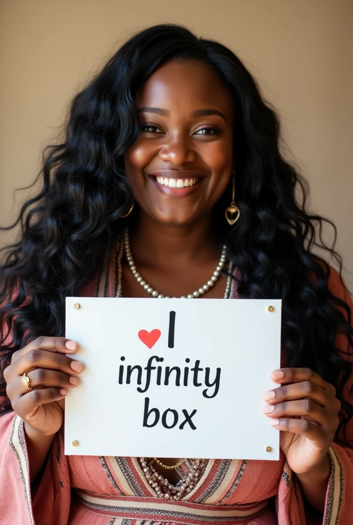 Beautiful chubby black woman with wavy long hair, bohemian dress, holding a white board with text "I Love infinity box" and showing it to the viewer