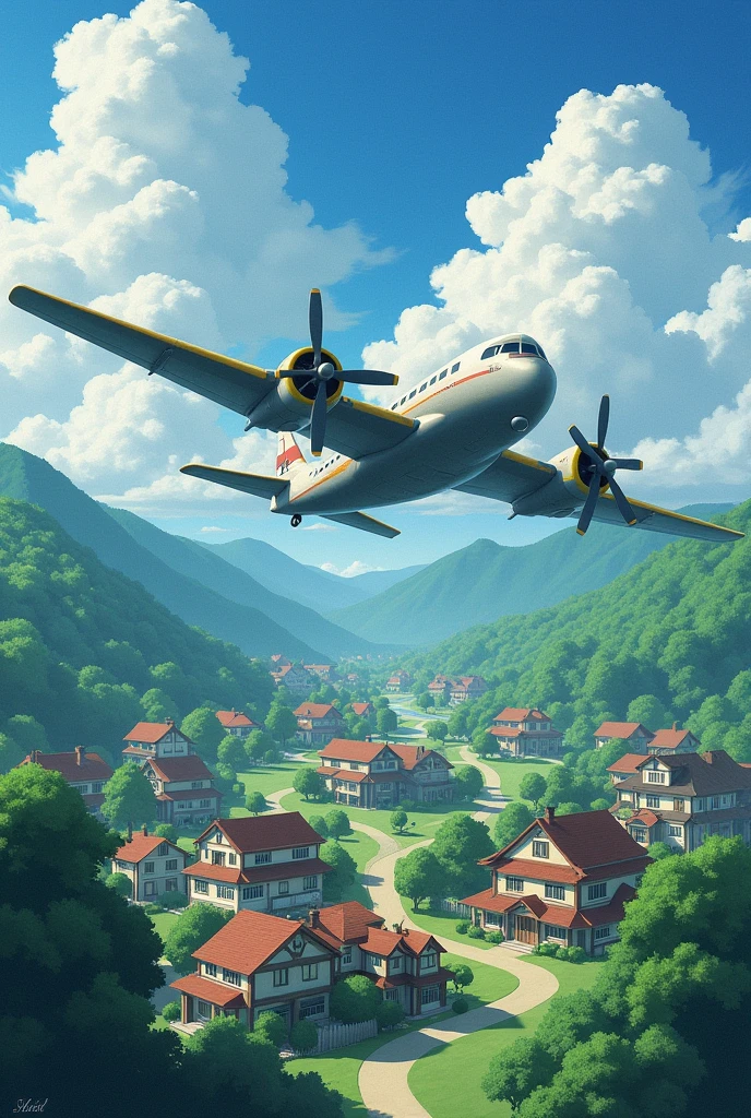 A propellers Aeroplane flying at the top of beautiful village with Ghibli studios art style 