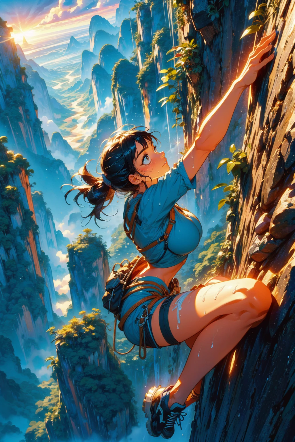 1girl,solo,cute,big breast,she climb the mountain,nature, (((free solo climbing))), ((hands on cliff)), ((raise head)), ((sweat)), ((fluttering hair)), ((sneakers)), ((pendant)), (crop top), (shorts), holster, fog, sky, jungle, canyon, high sky,