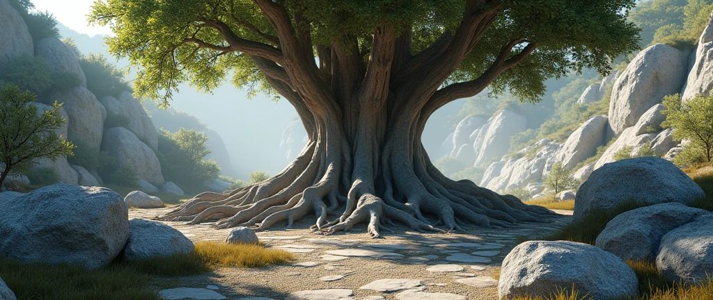 (Photorealism:1.2), in the same style as this scene Between limestone rocks mixed with granite small rocks, partially cover the floor , wide angle camera full view, grew a robust tree with thick trunks and roots that covered up to half of the robust trunk, despite many branches few foliages are seen.
The scene is worthy of games made by Epic Games, Unreal Engineer, Physically lit rendering by NVIDIA RTX 3060 8K PBR Iray, Volumetric Global Lighting, denoise applied to ground fog, typical scene rendering in Daz Studio 4 Pro iRay Render Setting Denoise