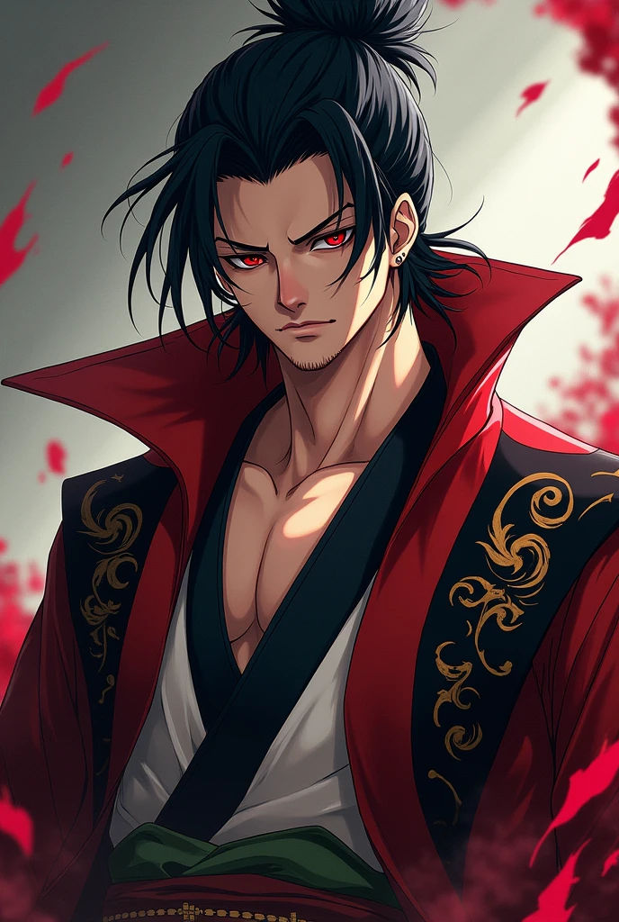 create 4 images of a one piece style pirate **character description:**
This dark-haired male character has a striking and mysterious presence.. Her black hair is tied in a high bun, with loose strands falling softly around her face, accentuating his sharp features. Their eyes, penetrating and red in color, convey an intense and calculating look, implying that he is someone with great power and a strategic mind.He wears an elaborate kimono, adorned with intricate patterns in red, black andwhite, symbolizing a mix of Wano traditions and a dark twist that may hint at its Teach heritage