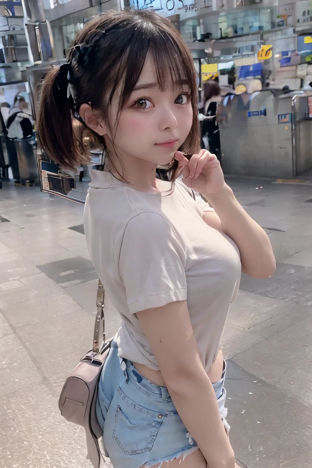 8K, RAW Photo, Best Quality, Masterpiece, Realistic, PhotoRealistic, Extremely Detailed 8K Wallpaper, Beautifully Detailed Eyes, Finely Detailed Face, BREAK Cinematic Lighting, BREAK 1 Girl is Walking, ((shinosaka, norikaeguchi, ticket gate)), BREAK Perfectly Anatomically Correct:1.2, 5 Beautiful Thin Finger:1.2, BREAK 1 Girl, (Very Short Twin Tail Hair), (Put Forefinger on Mouth), Kawaii, Captivating Eye Reflections, [Japanese, Wide-Set Eyes, Big Eyes, Almond-Shaped Eyes, Tareme, Double Eyelids, Eye Bags, White Skinned, Blush, Embarrassed, 17-Year-Old, Round Face, Chiseled Face, Round Chin, Thin Lips, Small Nose, Oval-shaped Face, Brown Hair, Messy Hair, Wet Hair, Open Mouse Slightly, [Pouted Cheek]], Light Smiling, Ecstasy, Wearing Polo Shirt with Just Waist Length + Very Short Shorts, [Beautiful Spherical Shape Buttocks, Medium Buttocks Upturned, Upward Facing Small Breasts], (Looking Back Viewer), BREAK SFW:1.2, BREAK (Ground-Level Shot:1.1, Long Shot:1.1), (Soft Saturation, Soft Contrast), Bokeh:1.0