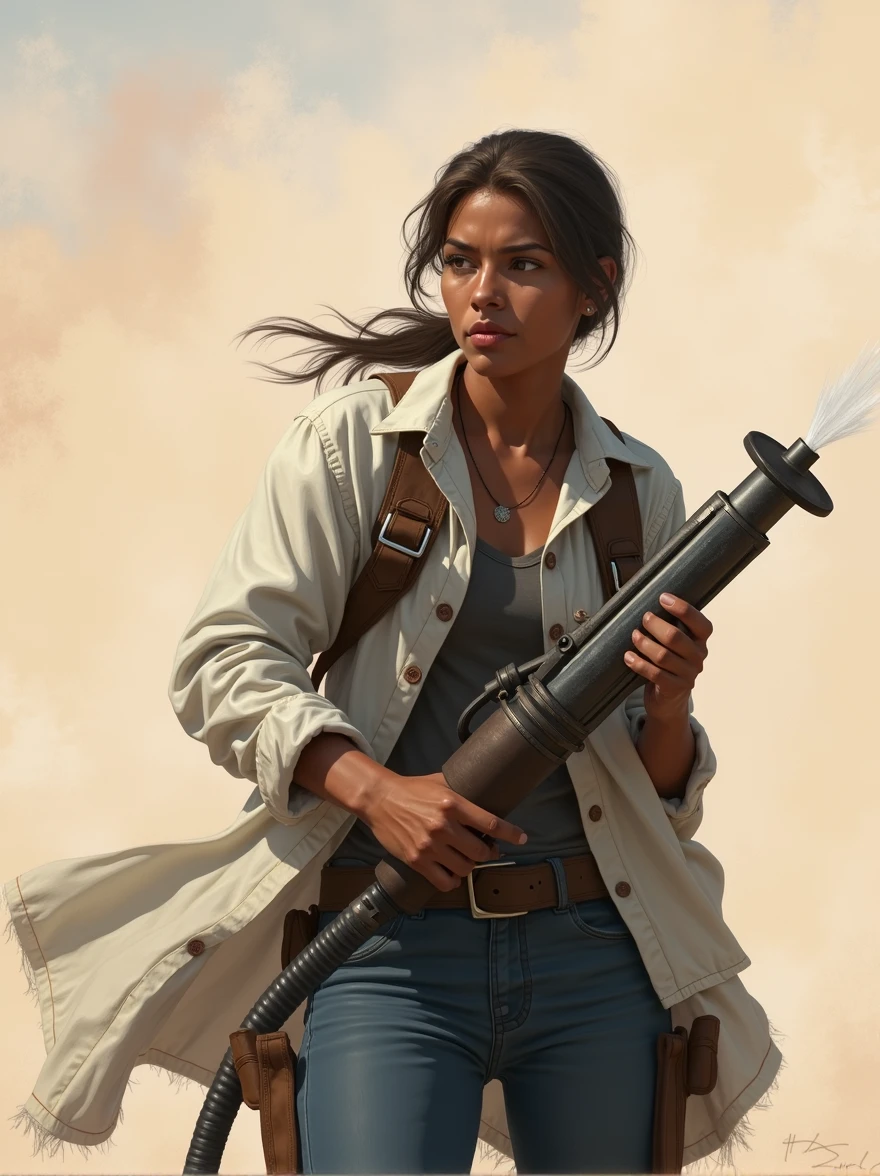 Cowgirl with soft dark skin and white shirt and blue jeans and brown boots hold a small power wash gun