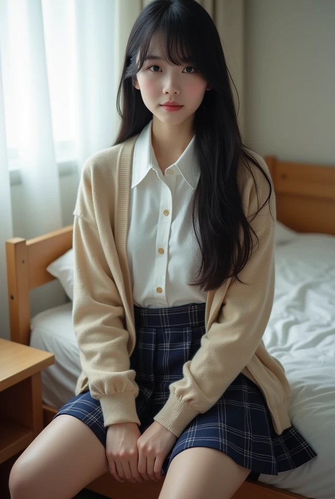 (((8k、High resolution、Highest quality、High resolution)))alone、Natural body shape、White skin、Natural Makeup、((Black Hair、bangs、Straight Long Hair))、((()))、Sitting on a chair、(Shooting from below:1.8), (())、(((((Full body photo)))))、(((Looking into the camera)))、(((Wear a uniform on the upper body)))、Bedroom、(((Of high school))) 、((white collared long sleeve blouse))、((Beige cardigan))、((Pleated skirt with dark blue plaid pattern、mini skirt、Ultra-realistic pantyhose))、、、Expressionless、((Exposing your thighs)),