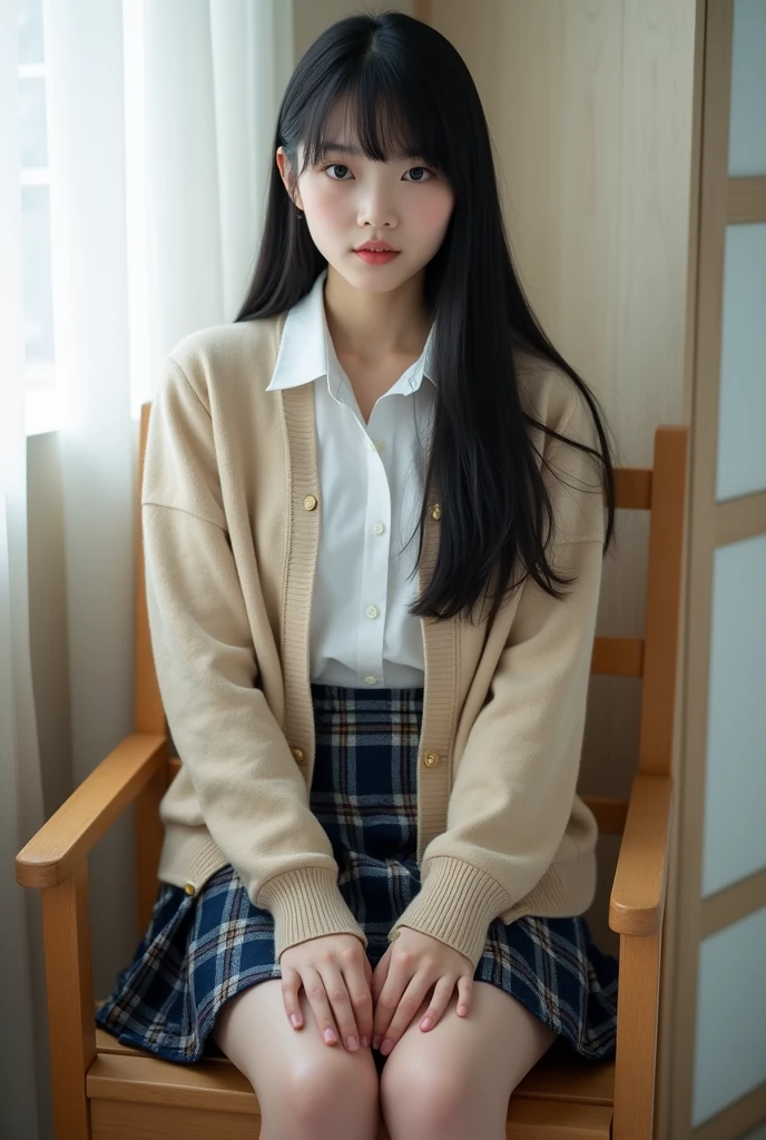 (((8k、High resolution、Highest quality、High resolution)))alone、Natural body shape、White skin、Natural Makeup、((Black Hair、bangs、Straight Long Hair))、((()))、Sitting on a chair、(Shooting from below:1.8), (())、(((((Full body photo)))))、(((Looking into the camera)))、(((Wear a uniform on the upper body)))、Bedroom、(((Of high school))) 、((white collared long sleeve blouse))、((Beige cardigan))、((Pleated skirt with dark blue plaid pattern、mini skirt、Ultra-realistic pantyhose))、、、Expressionless、((Exposing your thighs)), 