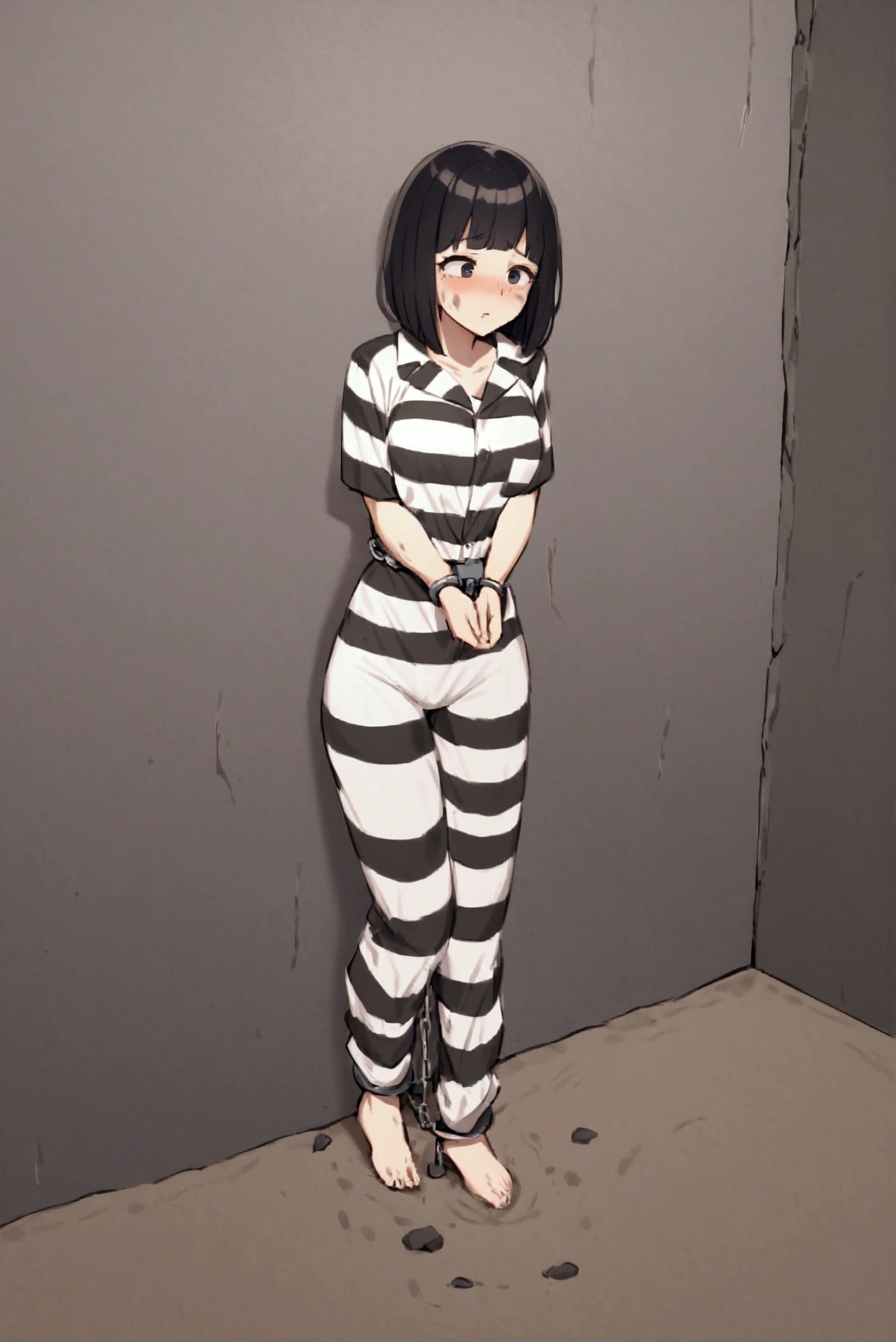 Prisoner, Girl in prison,embarrassing,blush,regrettable,humiliation,Imprisonment, Imprisonment, Black and white prison jumpsuit, Handcuffed,Shackles, Suppressed, bondage, be interested, Solitary confinement, rock,black　hair,bob cut,black eyes,mud stains,dirty face,dirt on face,dirty cloth