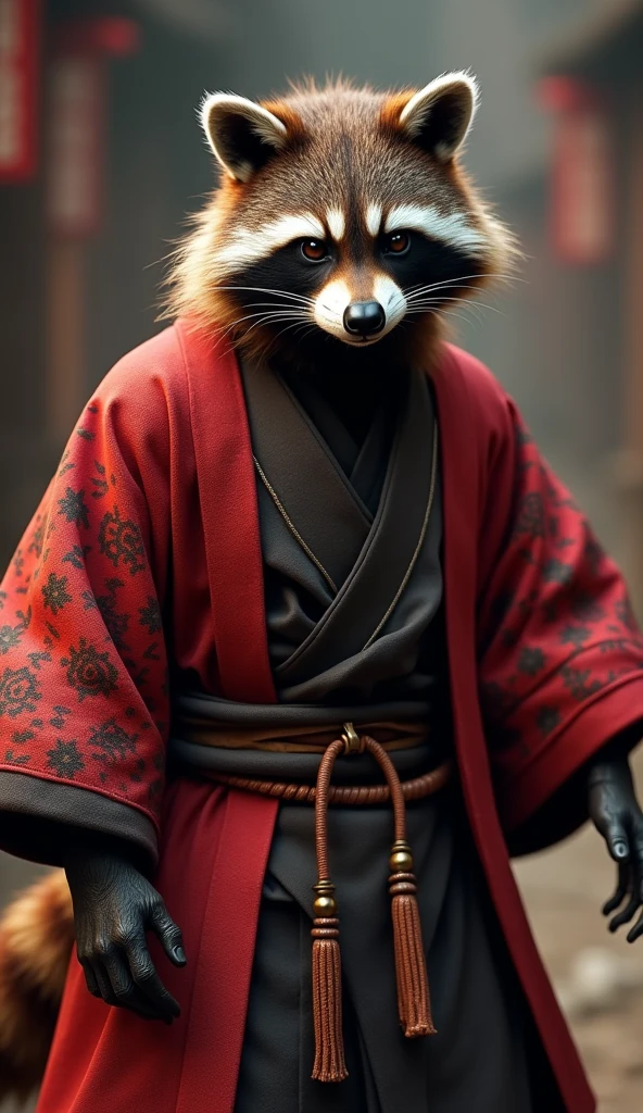 Create a cinematic video featuring Rocket Raccoon from the MCU. The character should have highly detailed fur, slightly bulged, and be dressed in a red kimono with intricate patterns. Capture Rocket in an action pose with a pensive expression, focusing on a full body shot. The scene should emphasize the textures of his fur and the kimono, with a dramatic and intense atmosphere, filmed in a cinematic style