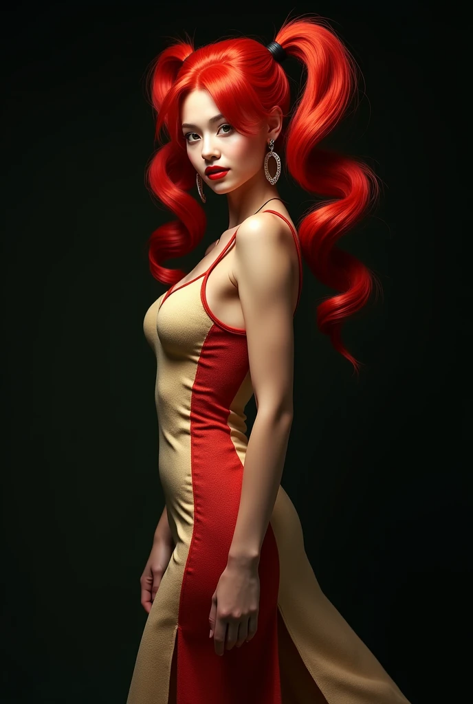 Red-haired snake woman,with a pigtail hairstyle,and a beige and red 80's dress,black backdrop,fully body