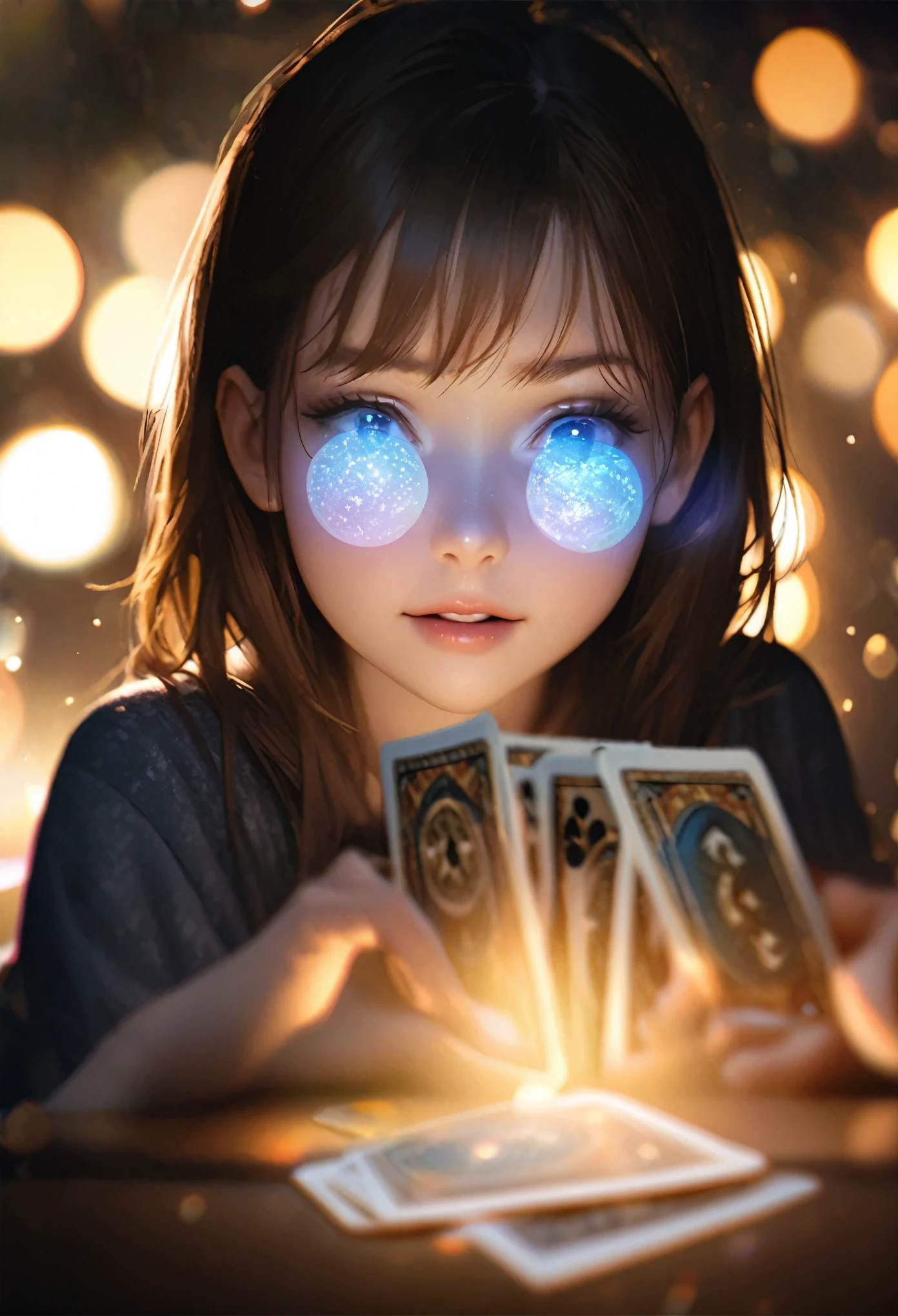 Card games, Three-dimensional, Realistic expression, bokeh photography, (soft focus):1.2, out-of-focus highlights, dreamy ambiance, glowing circles, mesmerizing depth, Depth of subject