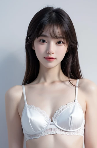 Tabletop,（ Highest quality）,（masterpiece） Realistic,real , Realistic, Very detailed, finely, High resolution, 8k wallpaper,,Anatomically correct body,　Symmetrical eyes,　Beautiful Eyes,　 1 Cute Girl,（Korean Girl：1.4）,（20-year-old：1.4）, （Black Hair：1.3）,（Straight long hair：1.4）,（She is thin：1.3） ,（彼女はSilk White Lingerieを着ています：1.4）, Sharp focus, Perfect dynamic composition, finelyてBeautiful Eyes,Slim body,（Small breasts：1.4）（Small breasts：1.4）,（Small breasts：1.4）,（Small breasts：1.4）, Thin Hair, Detailed and Realistic skin texture, smile,　Cute Face,　Standing pose、（whole body：1.4）((Silk White Lingerie：1.4))