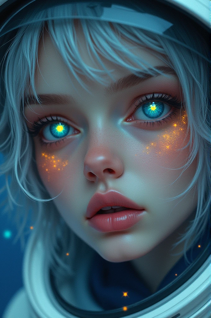 A closer look at a better masterpiece：1.5)0.9]、(Space and astronauts：1.2) (Disheveled silver hair：1.1) (Heterochromia and Yellow and Blue Eyes：1.2) (Space Helmet：1.0) (Colored stars in the eyes：1.0) (Shining Light：1.1) (Thick lips：0.9)