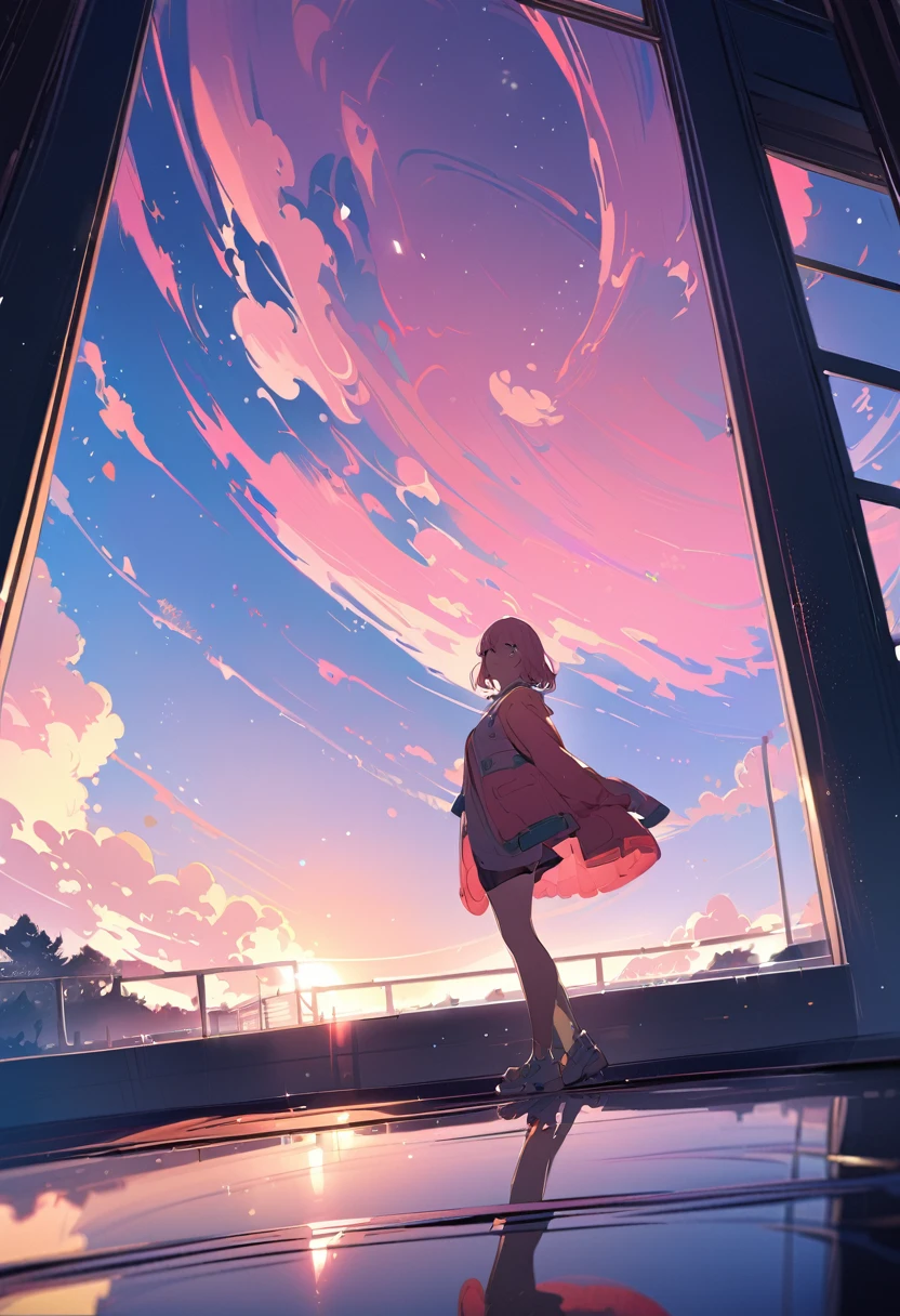 masterpiece, on the train、Girl reflected in glass、reflection、Pink Hair、Short Hair、Grey Eyes、18-year-old、Bright starry sky.  photograph:Xin Haicheng, Pixiv, Concept Art, Lofi Art style,  by makoto shinkai, Lofi Art, Beautiful anime scene, Anime Scenery, Detailed Landscape — Width 672, in Makoto Shinkai&#39;style, Makoto Shinkai&#39;style, Enhanced Details.