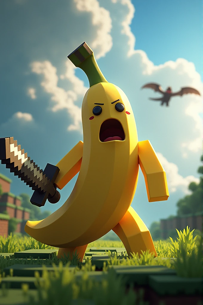 Spawns a scared banana with a sword , The passage is during the day and with striking clouds in which through one of them you can see a dragon flying in the distance , In the landscape you can see rays of sunlight passing through the clouds and there are shadows and realism. , All this is in a world of minecraft