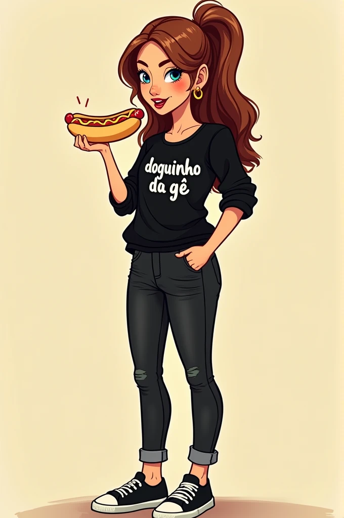 A woman with a black blouse that says "doguinho da gê" with black jeans and black sneakers holding a hot dog, all in cartoon style.