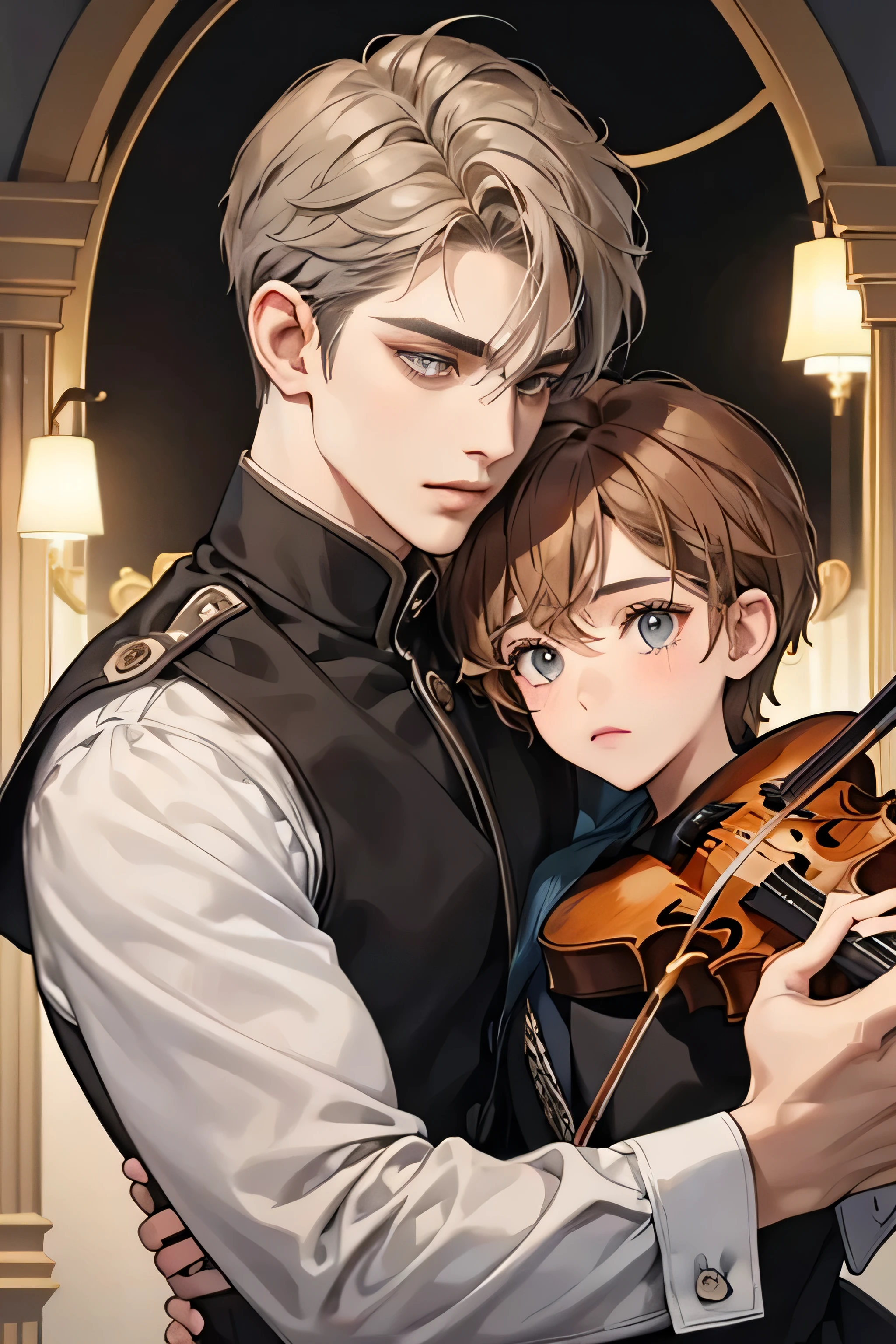 The boy has a handsome face., Symmetrical face, symmetrical eyes. Short golden brown hair and grey eyes, hugging a violin, blind