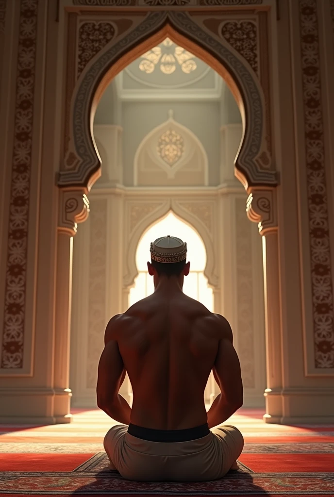 "A high-resolution, lifelike image of a young bald man with a masculine build, wearing a taqiyah, performing a prayer to Allah in the interior of a mosque in America."