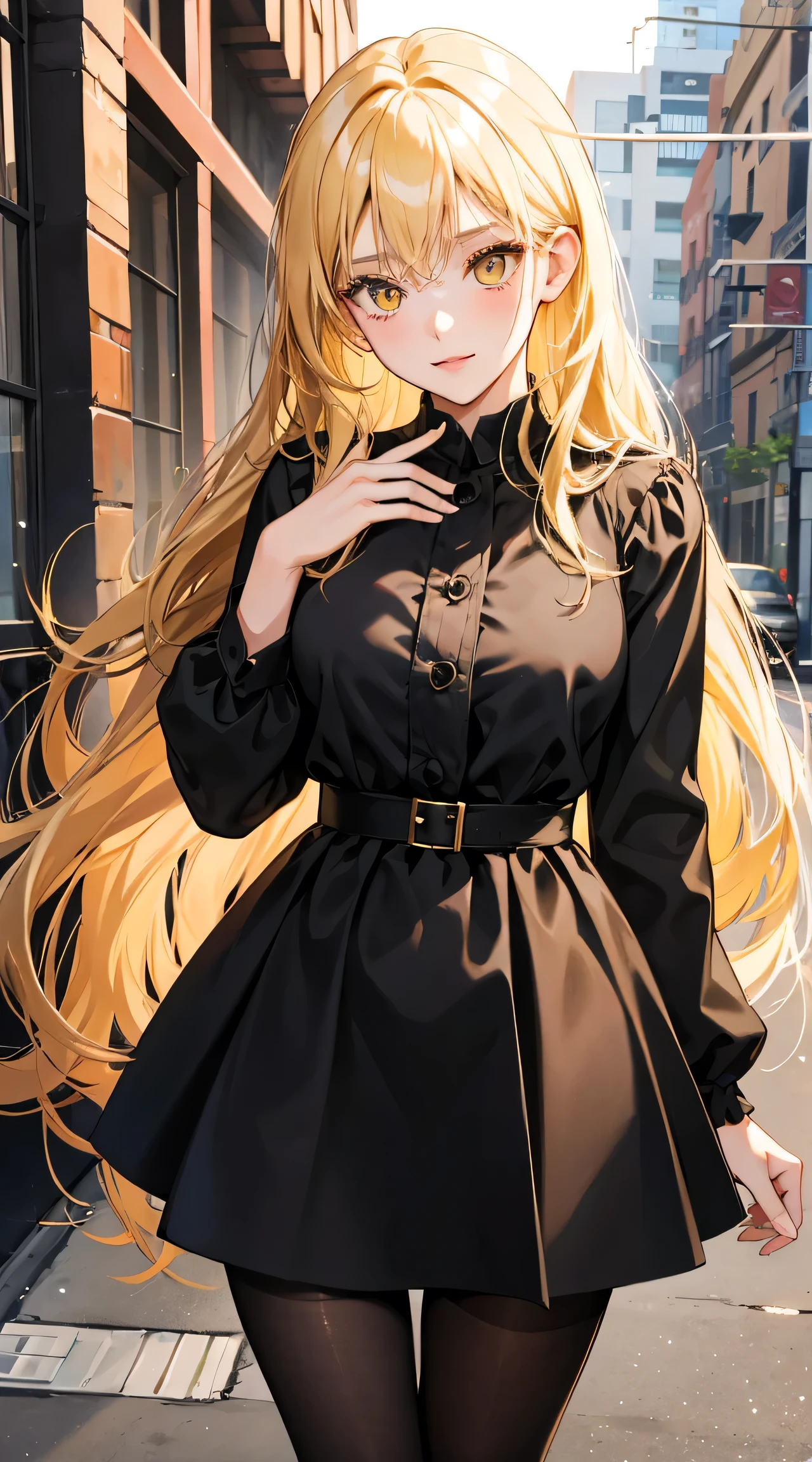 1girl, 30 years old, student, black dress, blonde hair, long hair, blonde, yellow eyes, black pantyhose,