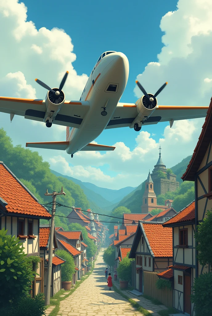 A propellers Aeroplane flying at the top of beautiful village with Ghibli studios art style