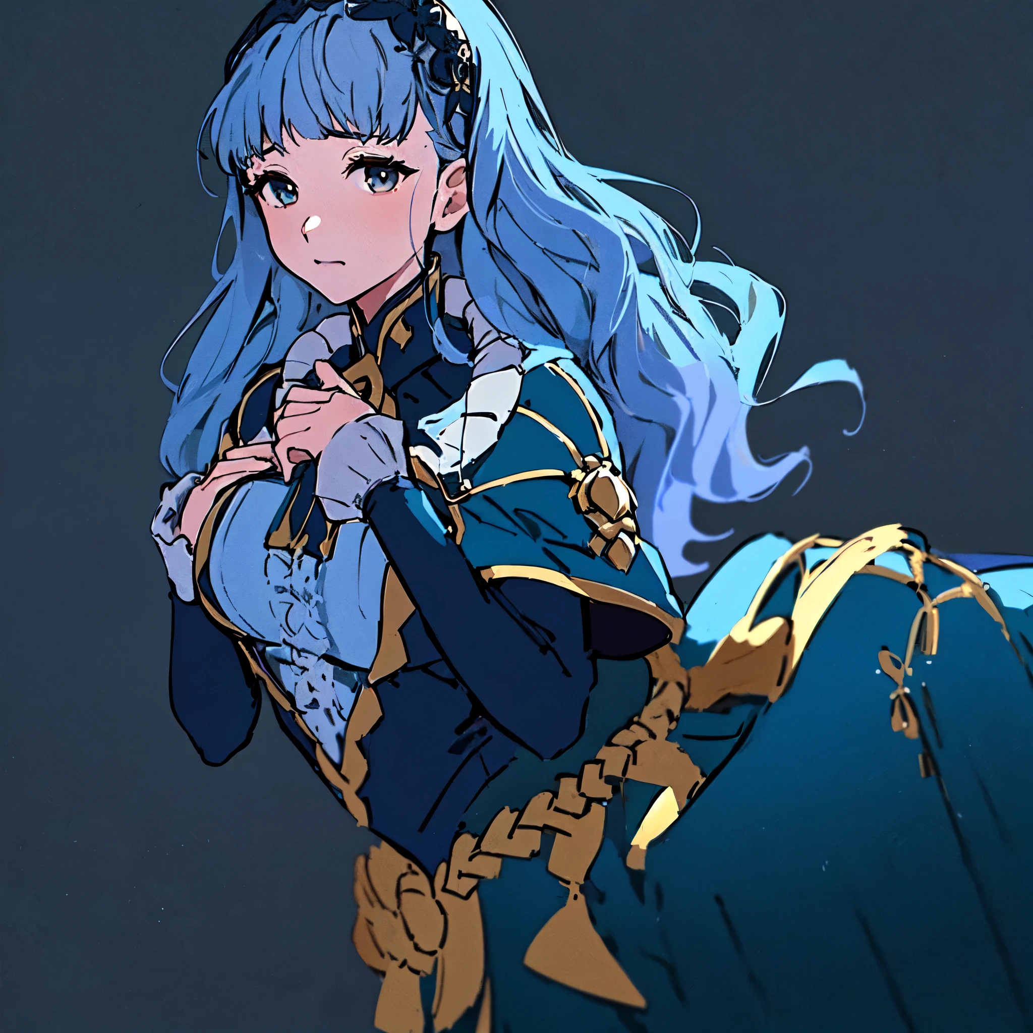 masterpiece, best quality, Marianne3Hopes, long hair, blue dress, capelet, hairband, cropped torso, closed mouth, simple background, looking at viewer, hand on own chest