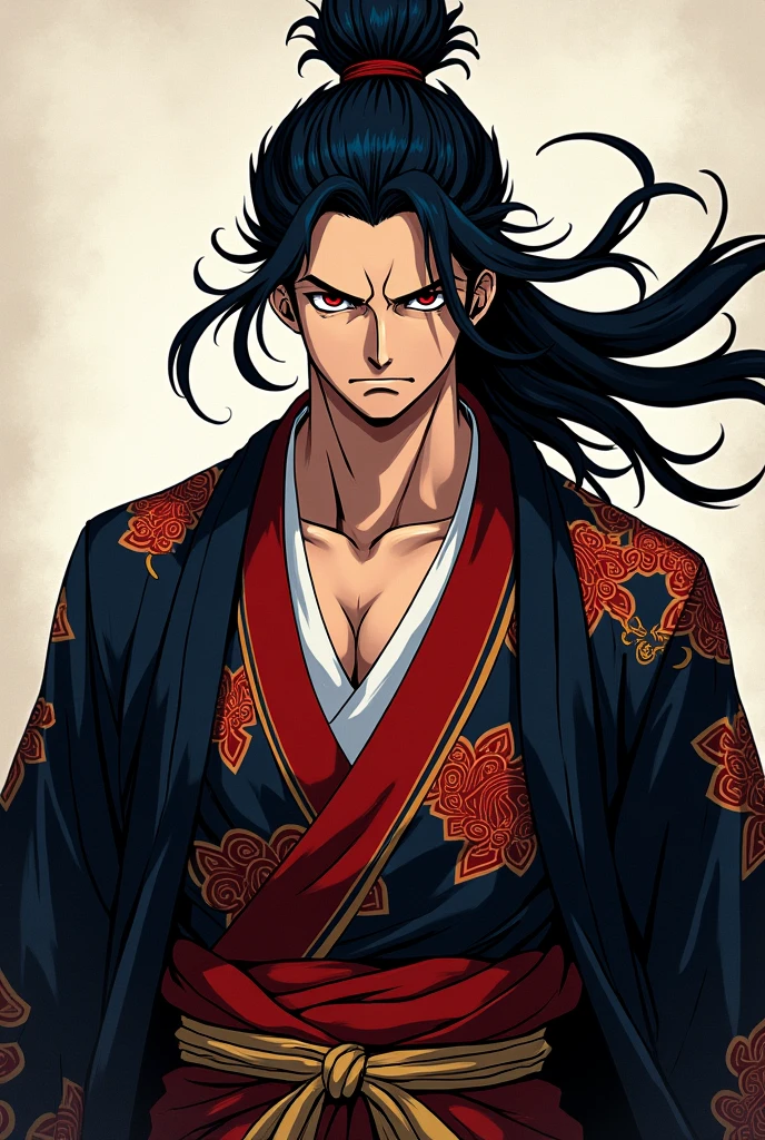 create 4 images of a one piece style pirate **character description:**

This dark-haired male character has a striking and mysterious presence.. Her black hair is tied in a high bun, with loose strands falling softly around her face, accentuating his sharp features. Their eyes, penetrating and red in color, convey an intense and calculating look, implying that he is someone with great power and a strategic mind.He wears an elaborate kimono, adorned with intricate patterns in red, black andwhite, symbolizing a mix of Wano traditions and a dark twist that may hint at its Teach heritage