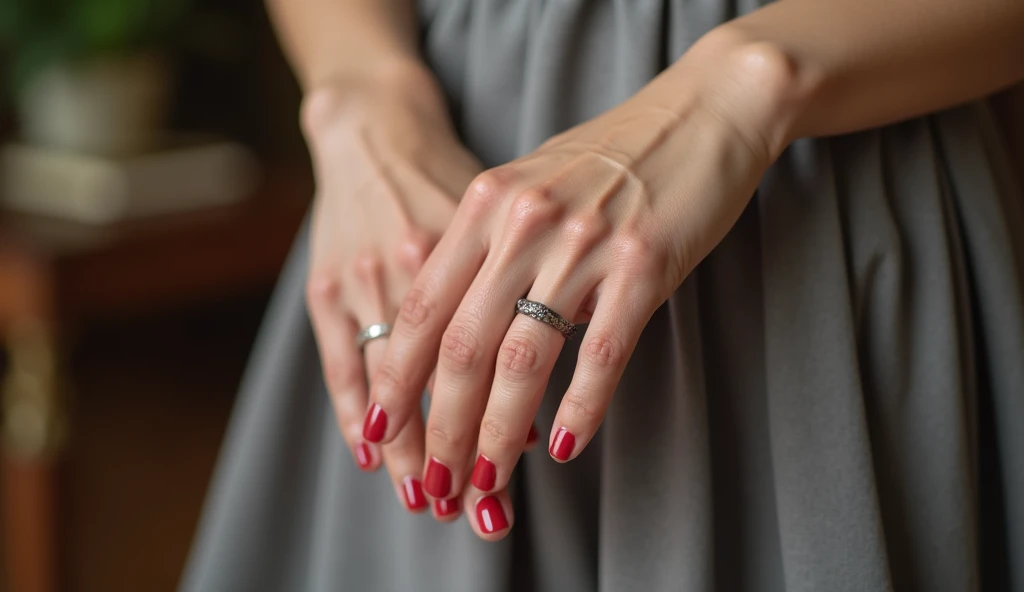 tiny hand，tiny hand，tiny hand，The skin on the hands is particularly delicate，Hands are very, very small，Wrinkle-free hand skin，red nails，((Aunt:0.9))、(Old faces:0.9)、((whole body))、beautiful legs、(total slip:1.5)、(full, shiny lips:1.3)、((Beautiful Japanese 55 years old standing))、a smile、smile lines wrinkles、(((In a sophisticated luxury hotel、Exquisite western style suite background，Luxurious decoration)))、(huge ：1.2)、Gravure photography、photo poses、(shining face、sexy face、pretty face)、((Beautiful body lines、Wrinkles at the corners of the eyes、short hair、55-year-old married woman、Real skin、Photos are real、detailed picture、high level of image quality、、Accurate images))，Gray tight skirt，Greasy reflective colorful fishnet tights，Delicate hand skin，Caring for hand skin like a girl，Wrinkle-free hand skin，Hands are very, very small，Hands are very, very small，Hands are very, very small，Hands are very, very small，Hands are very, very small，