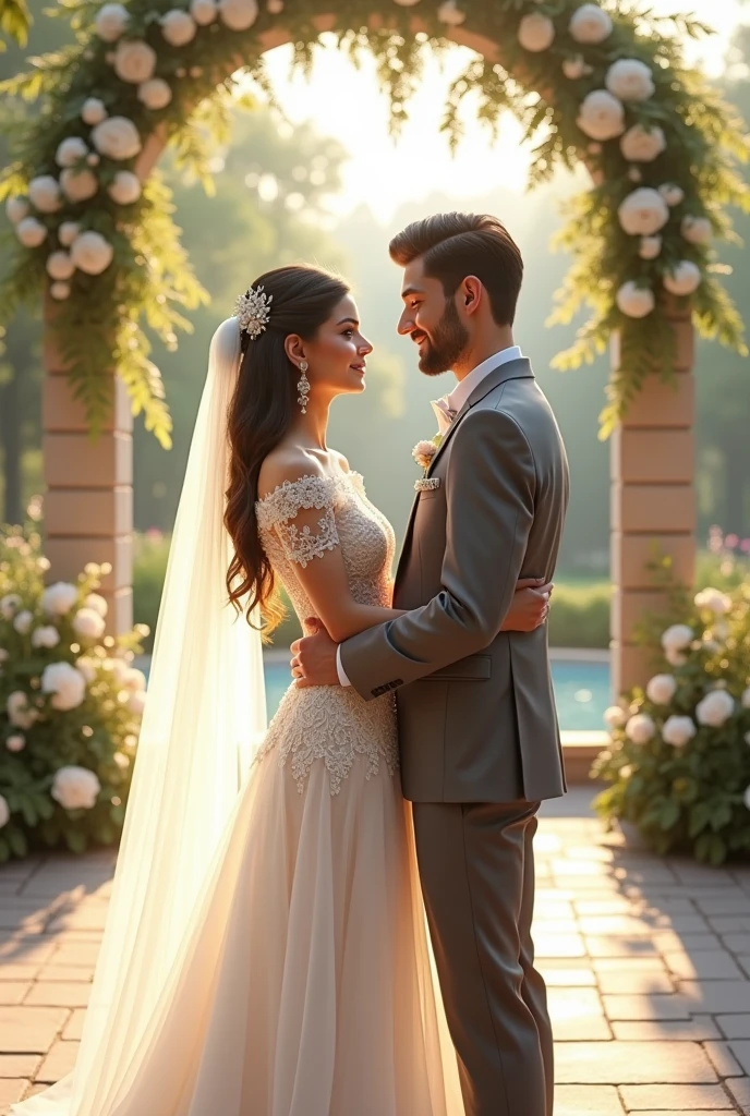 Generate a realistic image of a wedding couple and the wedding dress of girl the name hetankshi must be written and the wedding suit of boy the name yaksh must be written.