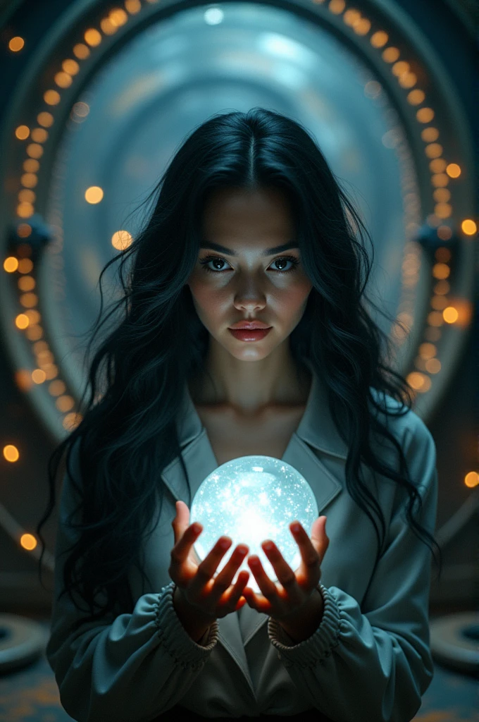 Black long haired girl, holding the starlight, with a time machine 