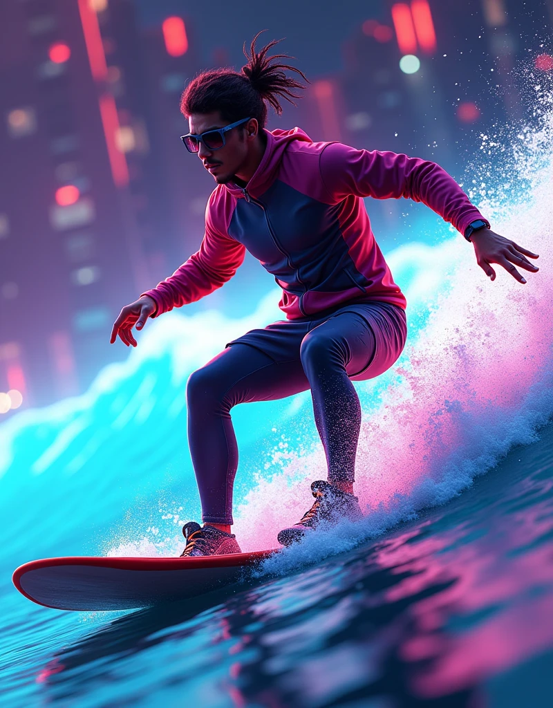 A futuristic surfer of Hispanic descent in a virtual metaverse, designed with neon cyberpunk aesthetics, glowing with vibrant and energetic colors. He is skillfully riding a wave of digital data, capturing the essence of surfing in the world of simulations. The whole scene is fuelled by the futuristic perception of a sci-fi imagination. The style is reminiscent of dynamic brushstrokes typically seen in digital painting.