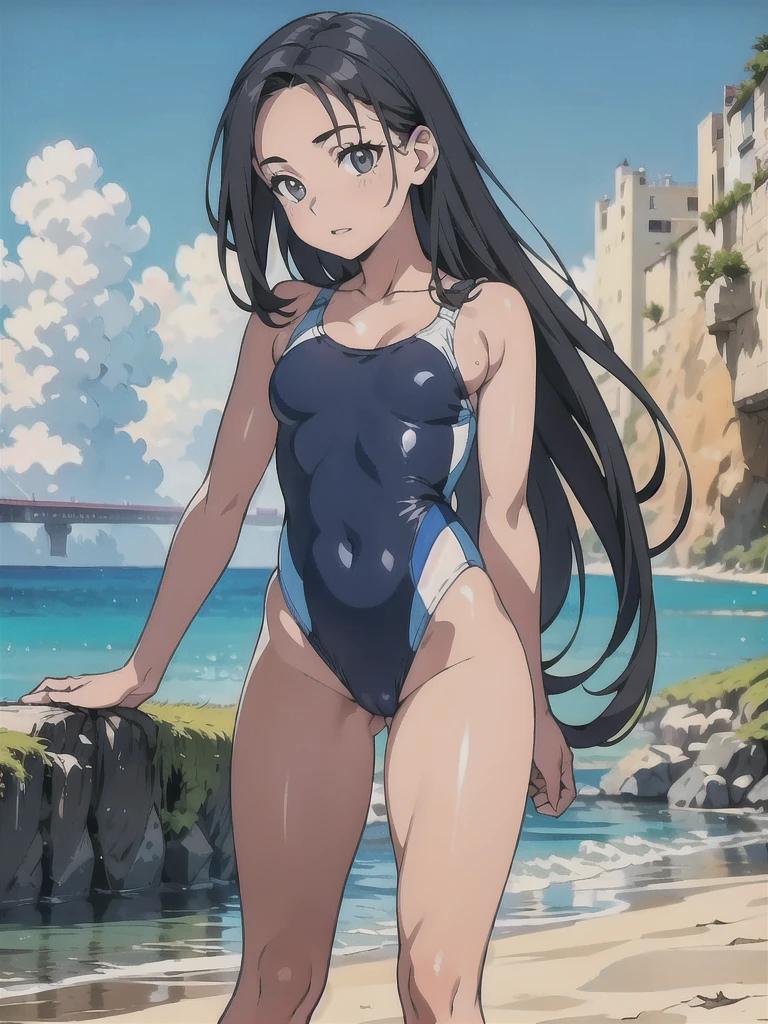 A woman in a school swimsuit poses for a photo, Photorealistic perfect body,Good young girl, Small breasts、(solo:1.6)、Beach、Anatomically correct skeleton, High resolution, Winner of numerous awards, High resolution, accurate, Textured skin, 