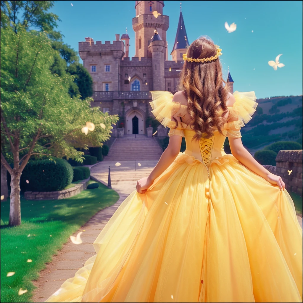 a gorgeous 10 year-old girl, yellow tulle off-shoulder ball gown, walking towards a castle, extremely detailed, 4k, perfect face