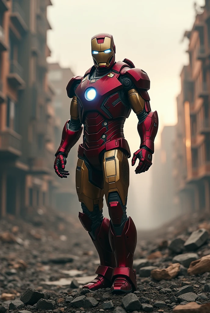 The Hero Iron Man in a destroyed city,your armor must be very worn