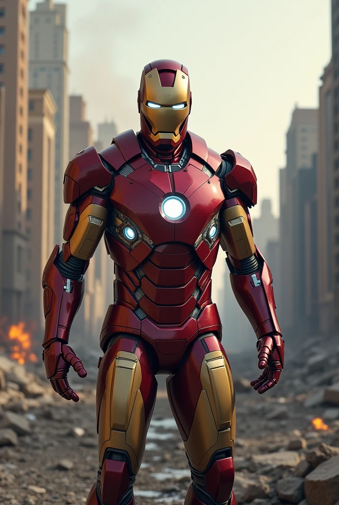 The Hero Iron Man in a destroyed city,your armor must be very worn