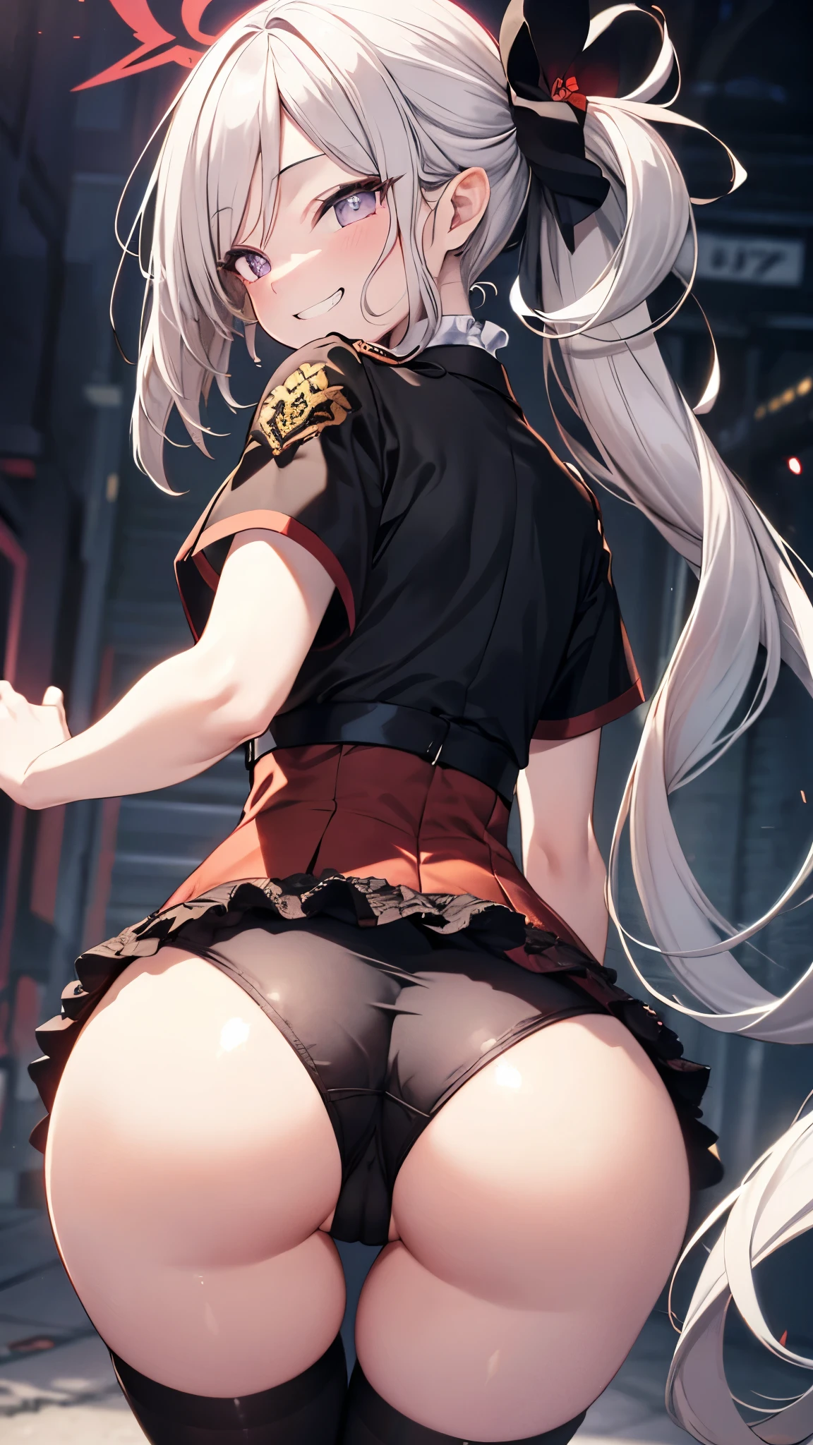 ((cowboy shot)),1girl,mutsukidef,(chibi:1.2),gray hair,long hair,side ponytail,(black cropped blazer),short sleeve,(red flare skirt),Hair Ornaments,halo,grin,dynamic angle,(((raise ASS:1.3))),(ass focus,from behind:1.3),(looking back,all fours:1.3),white panty,(cameltoe:1.3),masterpiece,Noise Reduction,perfect anatomy,high resolution, ultra-detailed, ultra-detailed face,game cg,dutch angle ,beautiful detailed eyes,visualart,five fingers, perfect hands, perfect lighting, sparkling pupils,