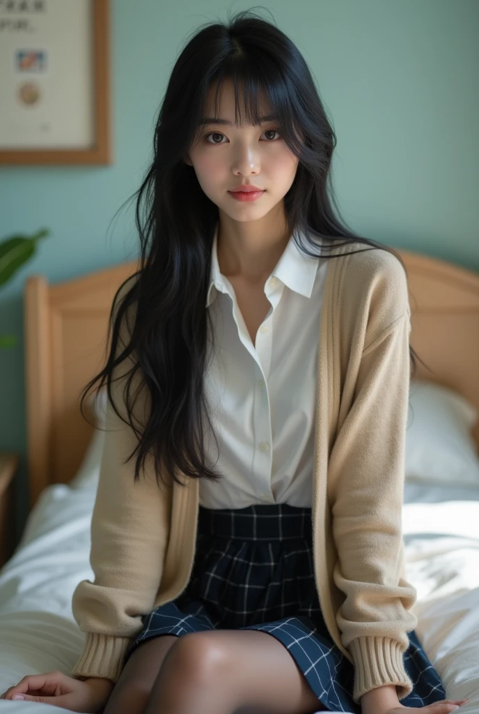 (((8k、High resolution、Highest quality、High resolution)))alone、Natural body shape、White skin、Natural Makeup、((Black Hair、bangs、Straight Long Hair))、((()))、Sitting on a chair、(Shooting from below:1.8), (())、(((((Full body photo)))))、(((Looking into the camera)))、(((Wear a uniform on the upper body)))、Bedroom、(((Of high school))) 、((white collared long sleeve blouse))、((Beige cardigan))、((Pleated skirt with dark blue plaid pattern、mini skirt、Ultra-realistic pantyhose))、、、Expressionless、((Exposing your thighs)),