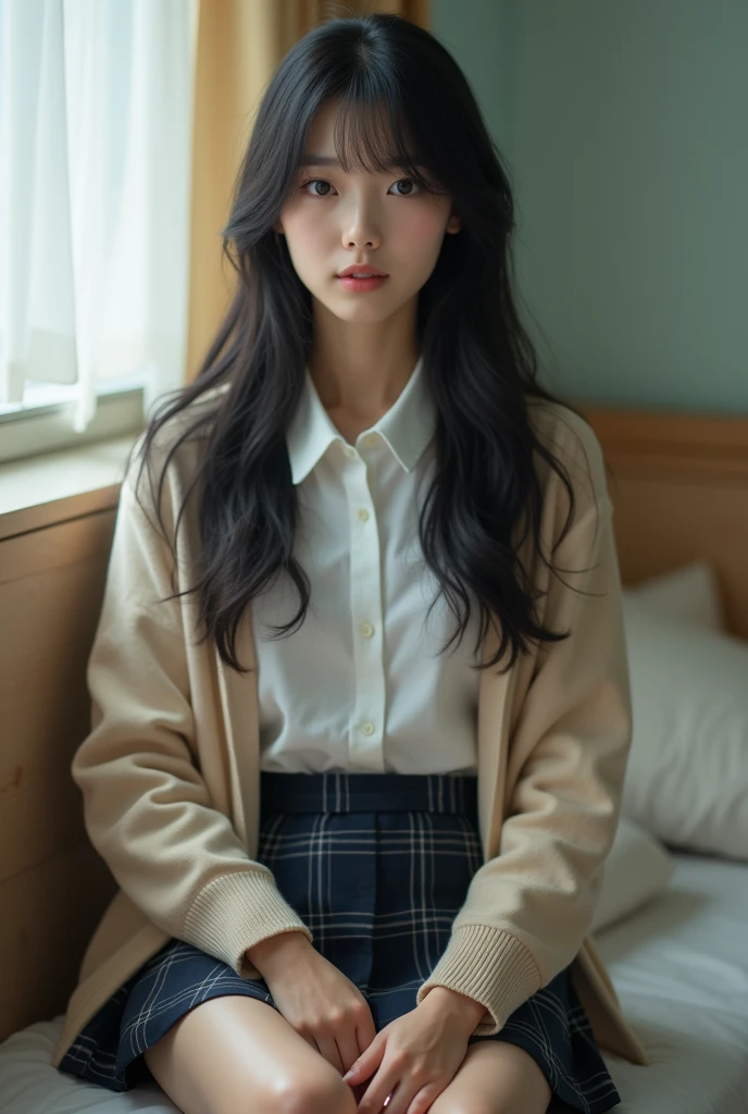 (((8k、High resolution、Highest quality、High resolution)))alone、Natural body shape、White skin、Natural Makeup、((Black Hair、bangs、Straight Long Hair))、((()))、Sitting on a chair、(Shooting from below:1.8), (())、(((((Full body photo)))))、(((Looking into the camera)))、(((Wear a uniform on the upper body)))、Bedroom、(((Of high school))) 、((white collared long sleeve blouse))、((Beige cardigan))、((Pleated skirt with dark blue plaid pattern、mini skirt、Ultra-realistic pantyhose))、、、Expressionless、((Exposing your thighs)),