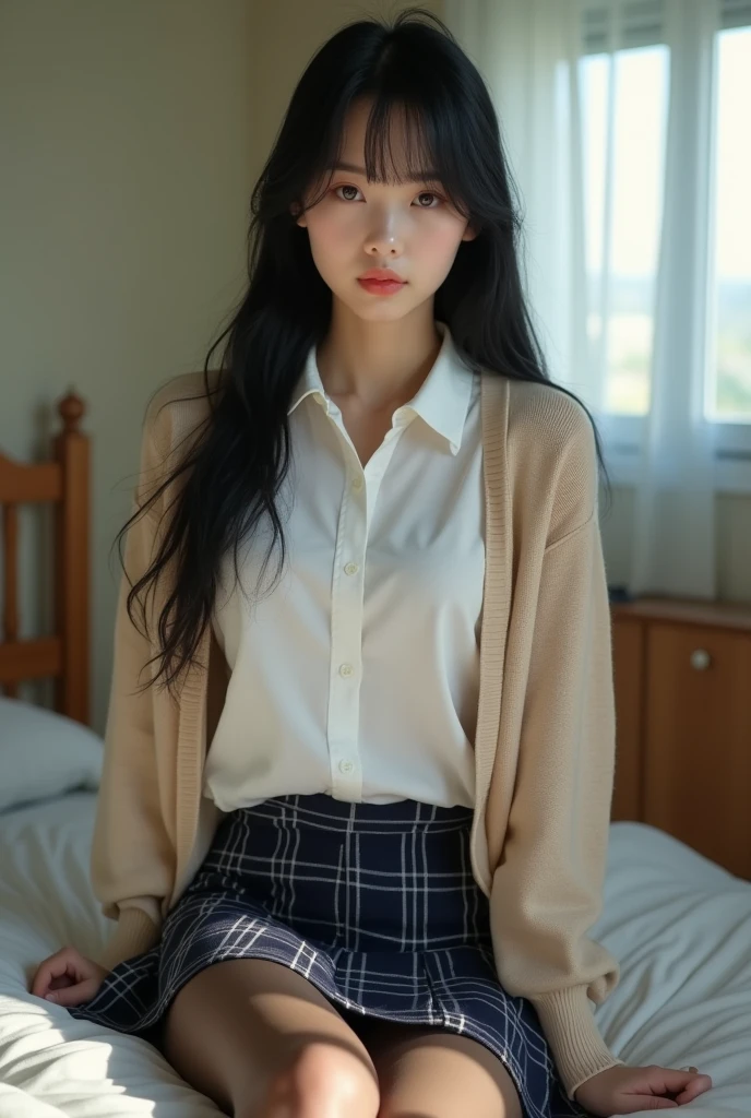 (((8k、High resolution、Highest quality、High resolution)))alone、Natural body shape、White skin、Natural Makeup、((Black Hair、bangs、Straight Long Hair))、((()))、Sitting on a chair、(Shooting from below:1.8), (())、(((((Full body photo)))))、(((Looking into the camera)))、(((Wear a uniform on the upper body)))、Bedroom、(((Of high school))) 、((white collared long sleeve blouse))、((Beige cardigan))、((Pleated skirt with dark blue plaid pattern、mini skirt、Ultra-realistic pantyhose))、、、Expressionless、((Exposing your thighs)),