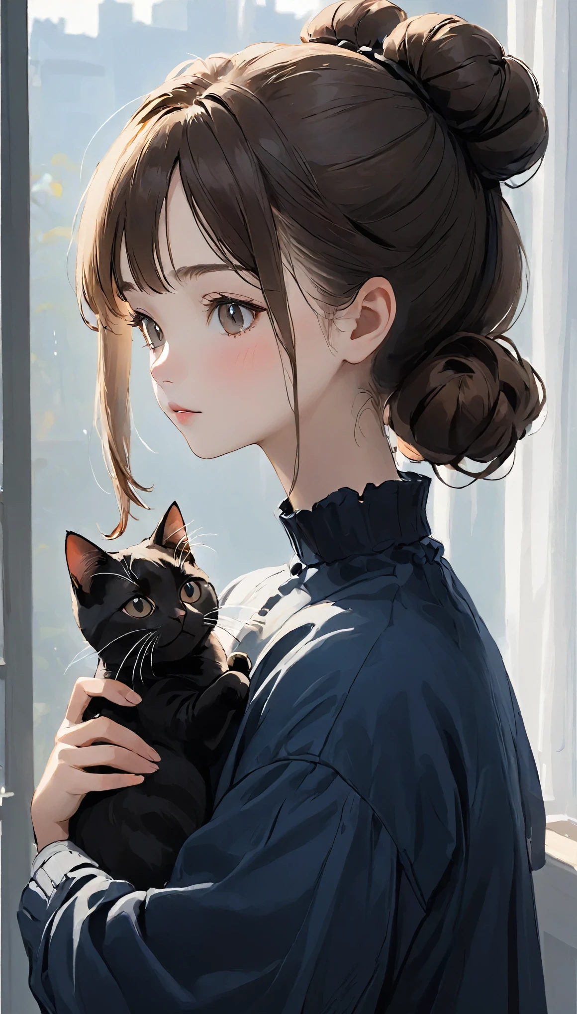 highest quality、Black catを抱く女の子、Cute  girl、Bun hair with brown hair tied、Black cat、Natural look、Long Shot、Natural light