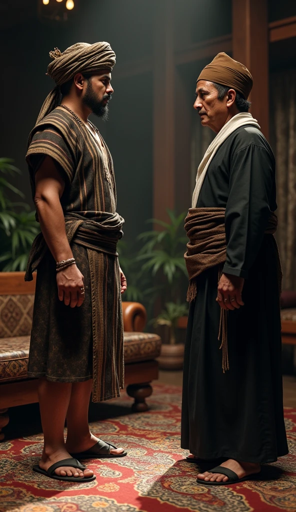 Create a highly detailed, realistic scene of a 35-year-old man wearing a batik turban, a black and brown vertical striped shirt, a sarong, and warrior-style sandals. He is engaged in conversation with a scholar wearing a brown turban, a white scarf wrapped around his neck, and a black robe. The background should depict a Majapahit-era living room with dramatic, cinematic lighting, hyper-detailed textures, and UHD clarity.