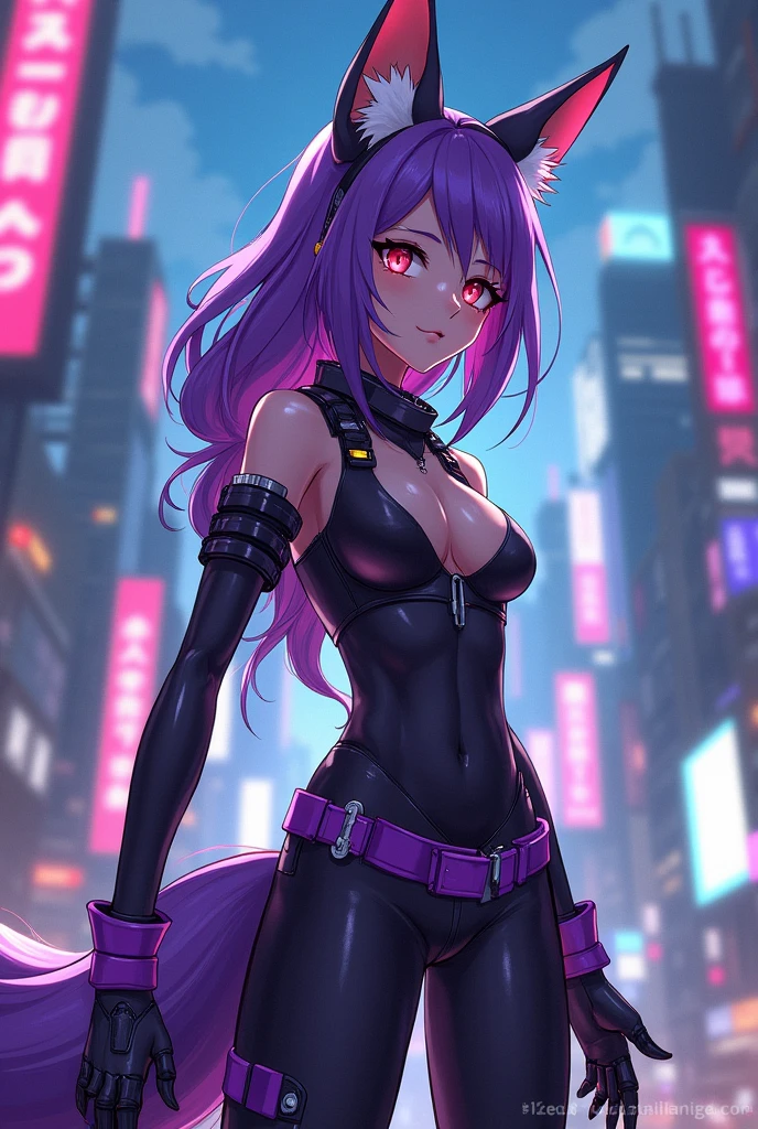 An anime fox girl with clothing in the style of cyberpunk with purple fur and the whole in the style of a manga