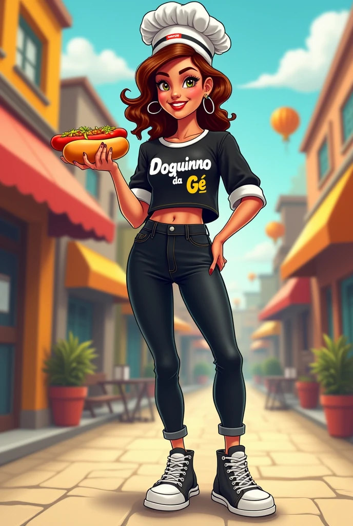 A woman with a black blouse with the words "Doguinho da Gê" written in orange on the right corner of the blouse with black jeans and black sneakers holding a hot dog and wearing a chef's outfit, all in Cartoon style.