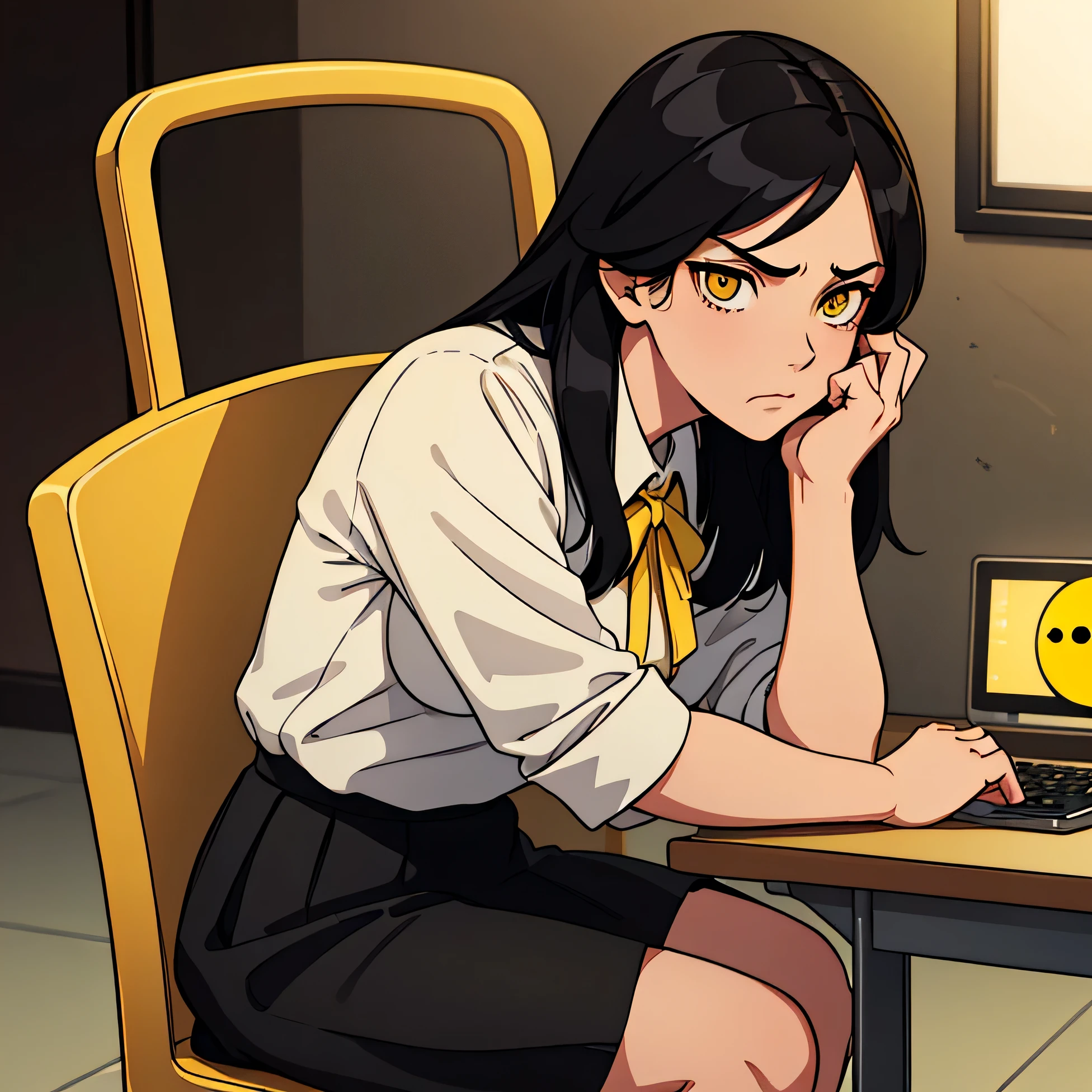 a one woman , white shirt ,blackstockings. (((big straight black hair))), ((( sitting on the chair ))), (((yellow eyes))), angry facial expression, class room,(((Black Skirt))) holding cell phone
