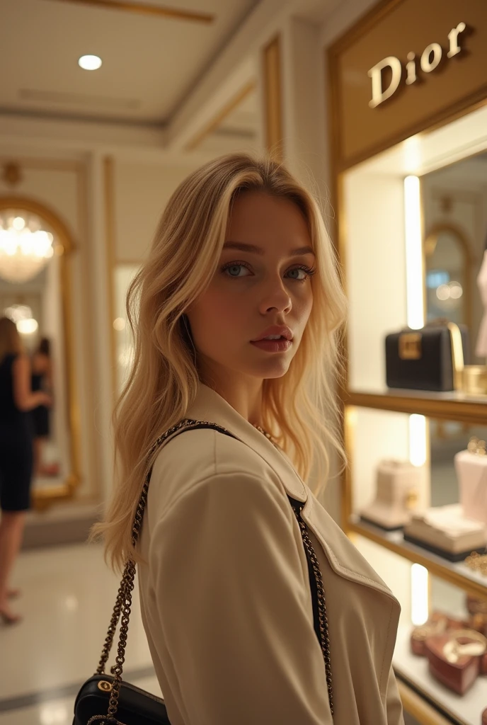 belle blonde faisant les magasins dior, photo instrame