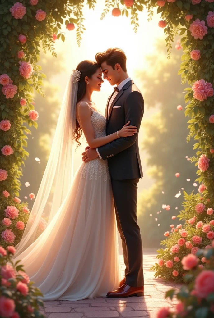 Generate a image of a wedding couple and the wedding dress of girl the name hetankshi must be written and the wedding suit of boy the name yaksh must be written.