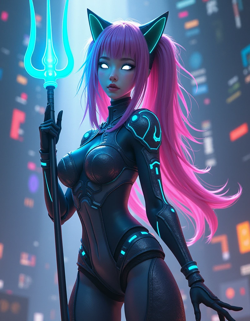 A well-known character in the metaverse, a digital and virtual realm. They are renowned for their vibrant multi-colored hair and glowing white eyes. They're often seen sporting a digital, futuristic armor suit that gleams with an array of subtle neon hues. Their iconic weapon, a radiant trident, forms a distinctive silhouette in the virtual landscape. Hovering around them are an array of floating digital symbols, a trait only possessed by the most influential personas of the metaverse.
