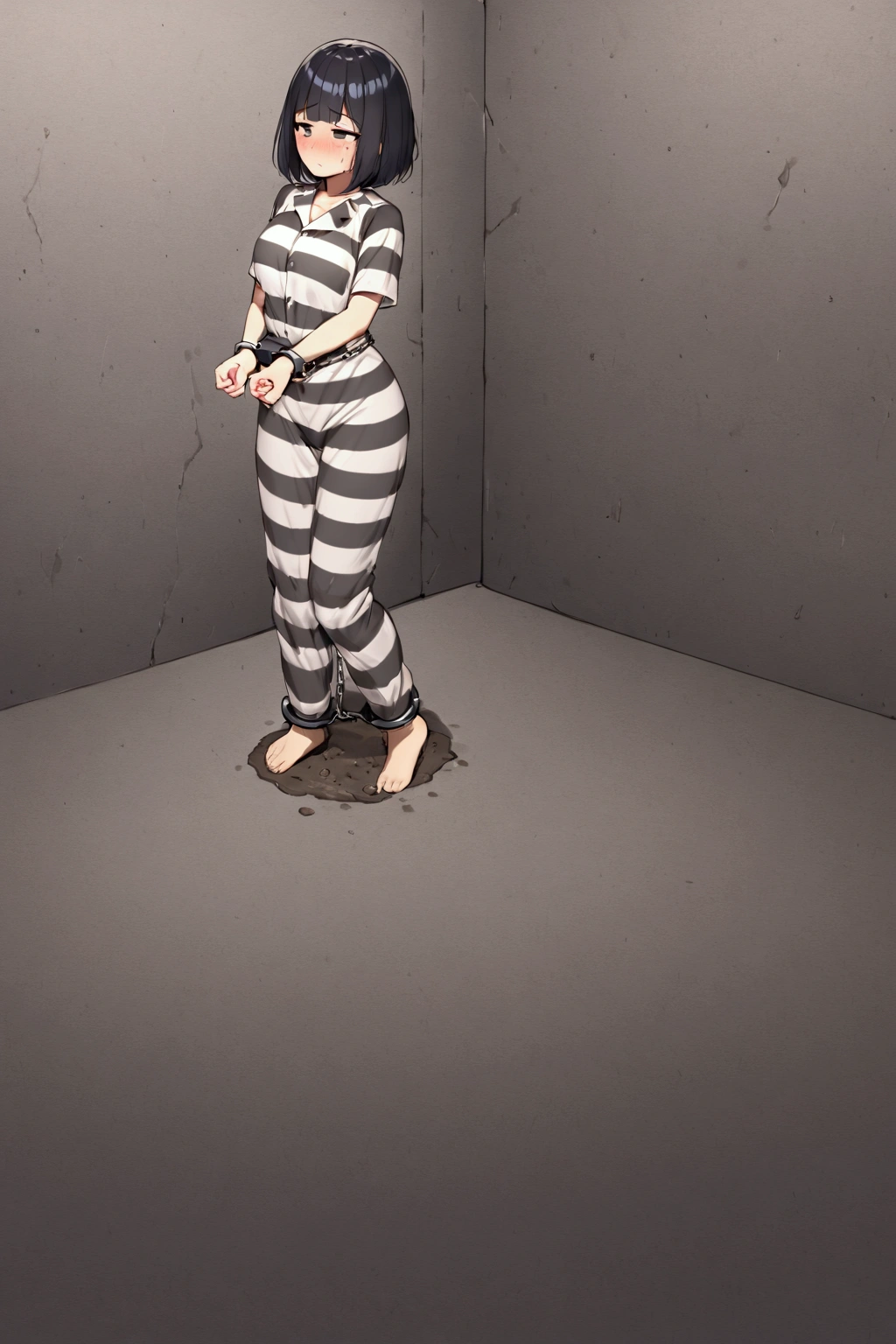 Prisoner, Girl in prison,blush,regrettable,humiliation,Imprisonment, Imprisonment, Black and white prison jumpsuit, Handcuffed,Shackles, Suppressed, bondage, be interested, Solitary confinement, rock,black　hair,bob cut,black eyes,mud stains,dirty face,dirt on face,dirty cloth