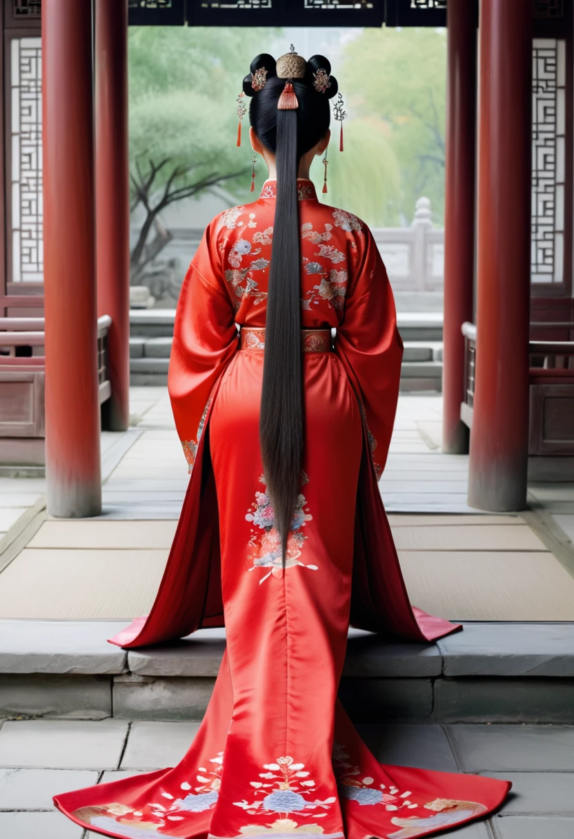 Full body view of Empress of Qing Dynasty from behind, hairy pussy wearing red Chinese dress floral embroidery only large buttocks are seen.
Nudity. The face of a Qing Dynasty woman on all fours in a Chinese drama shows
Her hair is parted from the center of her forehead to the left and right with a large crown of the empress of the capital city of China, tied up in the back, and her hair is tied up with ornamental hair, and the outer stone tatami of the Chinese palace of the Qing Dynasty.