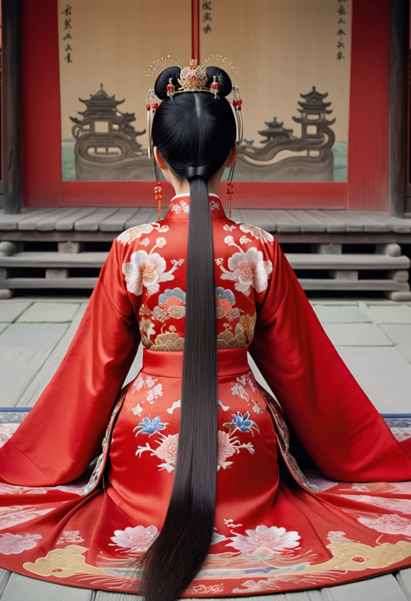 Full body view of Empress of Qing Dynasty from behind, hairy pussy wearing red Chinese dress floral embroidery only large buttocks are seen.
Nudity. The face of a Qing Dynasty woman on all fours in a Chinese drama shows
Her hair is parted from the center of her forehead to the left and right with a large crown of the empress of the capital city of China, tied up in the back, and her hair is tied up with ornamental hair, and the outer stone tatami of the Chinese palace of the Qing Dynasty.