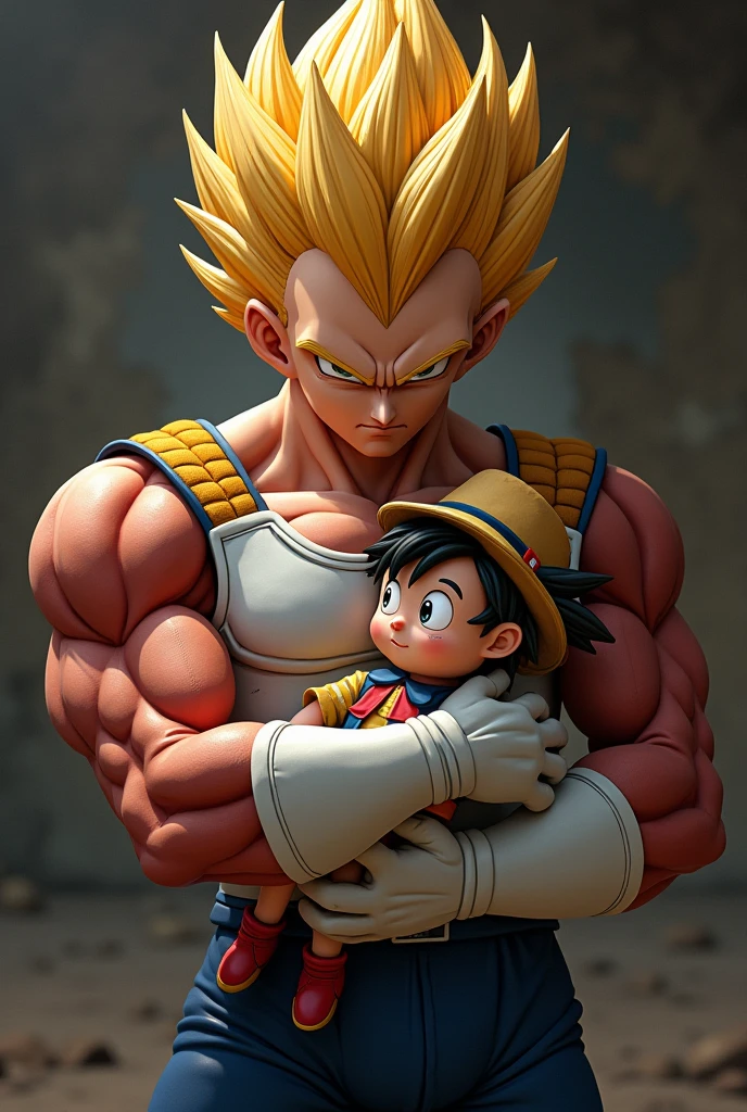Vegeta holding a Pinocchio plush toy in his arms